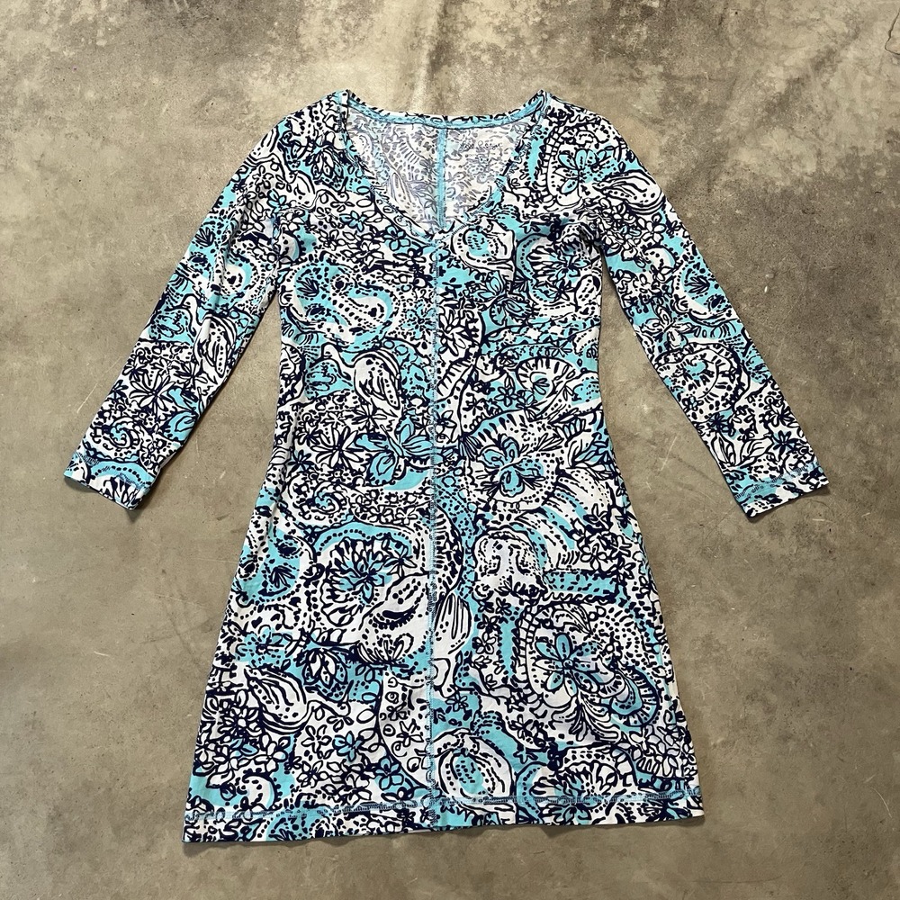 Lilly Pulitzer Juliet Dress Womens Size XS Blue Hippy Hippy Shake Long Sleeve